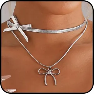 Layered Leather Bow Pendant Necklaces Set for Women Double Layer Silver Bowknot Choker Necklaces Adjustable Ribbon Bow Necklaces Christmas Jewelry