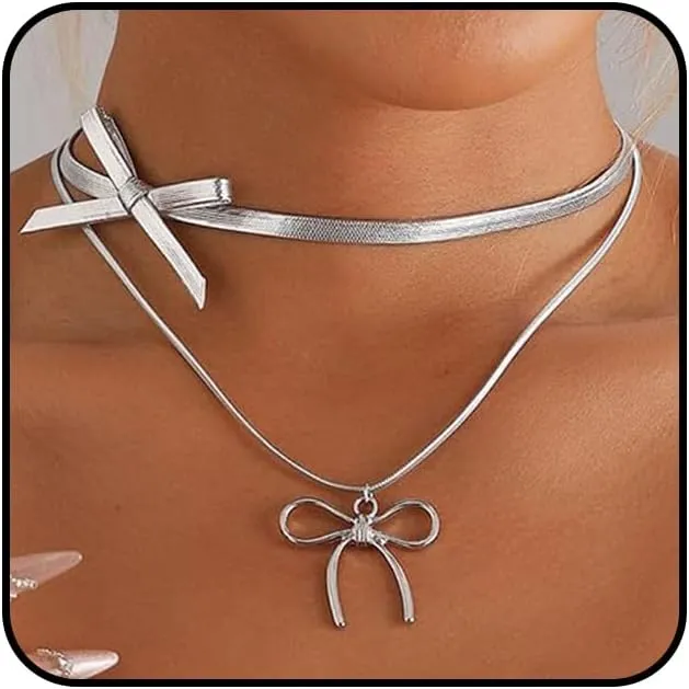 Layered Leather Bow Pendant Necklaces Set for Women Double Layer Silver Bowknot Choker Necklaces Adjustable Ribbon Bow Necklaces Christmas Jewelry