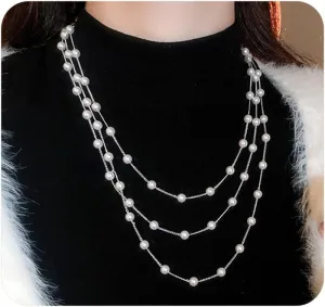 Layered Long Gold Pearls Choker Necklaces for Women Stackable Simple Pearl Chain Necklaces Beads Link Clavicle Necklaces Wedding Jewelry Accessories