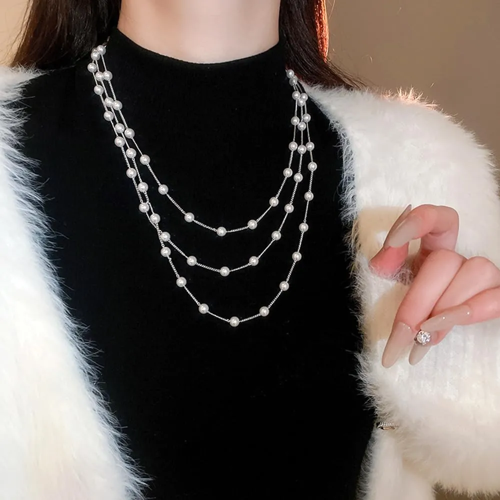 Layered Long Gold Pearls Choker Necklaces for Women Stackable Simple Pearl Chain Necklaces Beads Link Clavicle Necklaces Wedding Jewelry Accessories