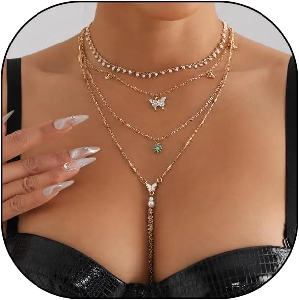 Layered Necklaces for Women Dainty 14K Gold Pearl Star Moon Choker Necklaces Stackable Cubic Zirconia Butterfly Tassel Necklaces Prom Jewelry Gifts