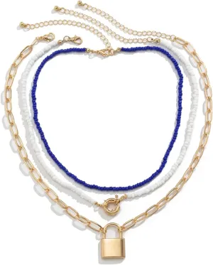 Layered Necklaces for Women, Dainty Layering Necklaces for Women Vintage Lock Beads Pendant Chain Necklaces for Women Girls, 3 Pieces, Gold
