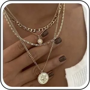 Layered Necklaces for Women Medallion Coin Pendant Necklace Gold Paperclip Link Chain Necklaces Layered Disc Choker Necklaces Jewelry for Women