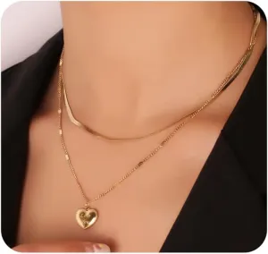 Layered Puffy Heart Pendant Necklaces for Women Simple Snake Bone Chain Choker Necklaces Stackable Trendy Letter Love Necklaces Jewelry Accessories
