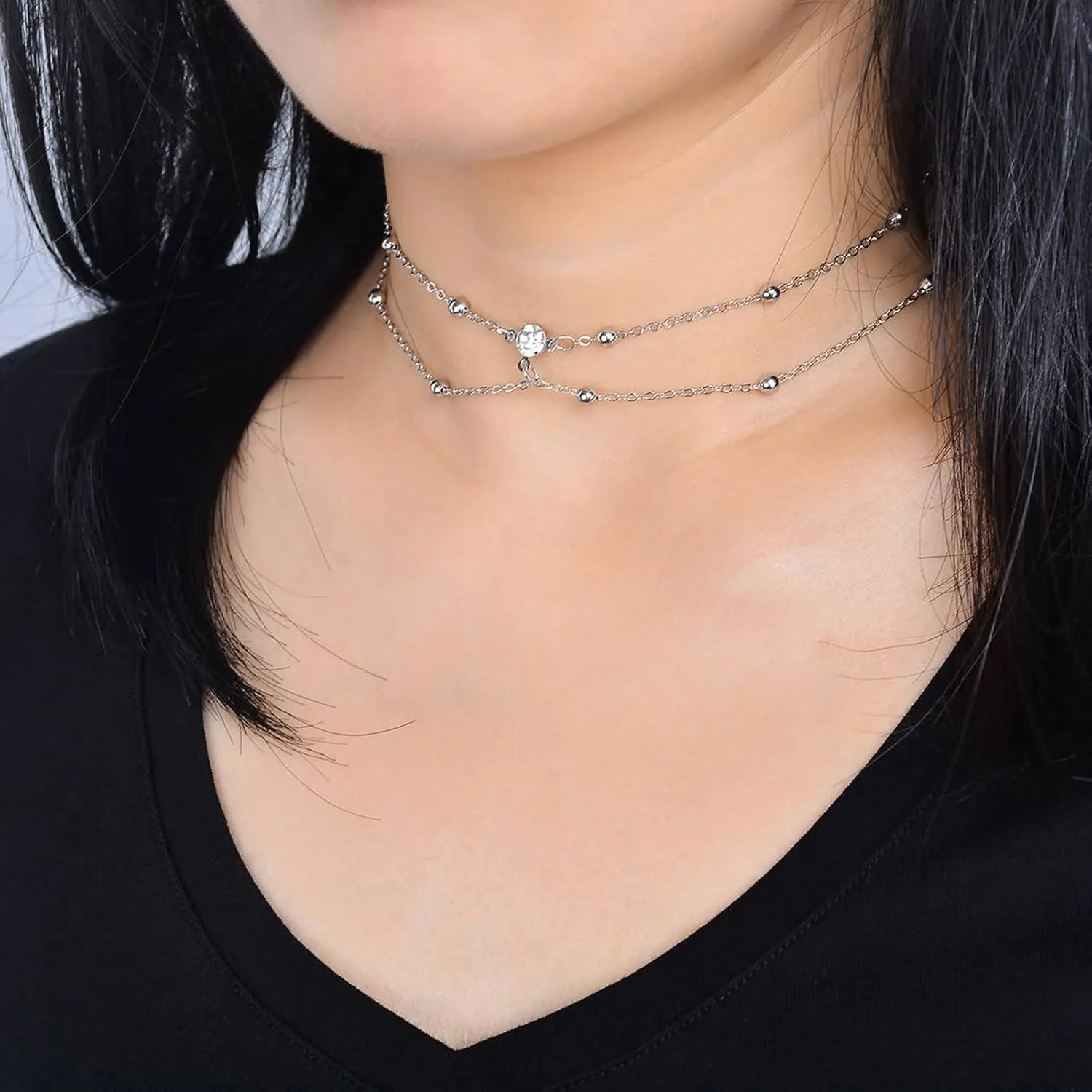 Layering Necklaces for Women, Layered Necklaces for Women Copper Beads Rhinestone Choker-Necklaces Jewelry Birthday Gift for Her, 2 Pieces