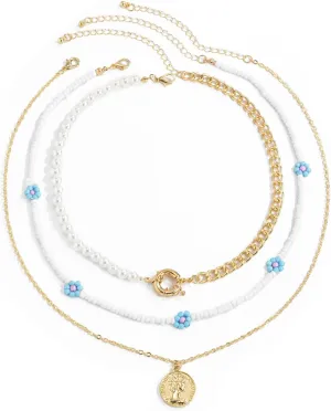 Layering Necklaces, Layered Necklaces for Women Small Daisy Pearl Chain Pendant Chain Necklaces Jewelry for Women and Girl, 3 Pieces, Gold