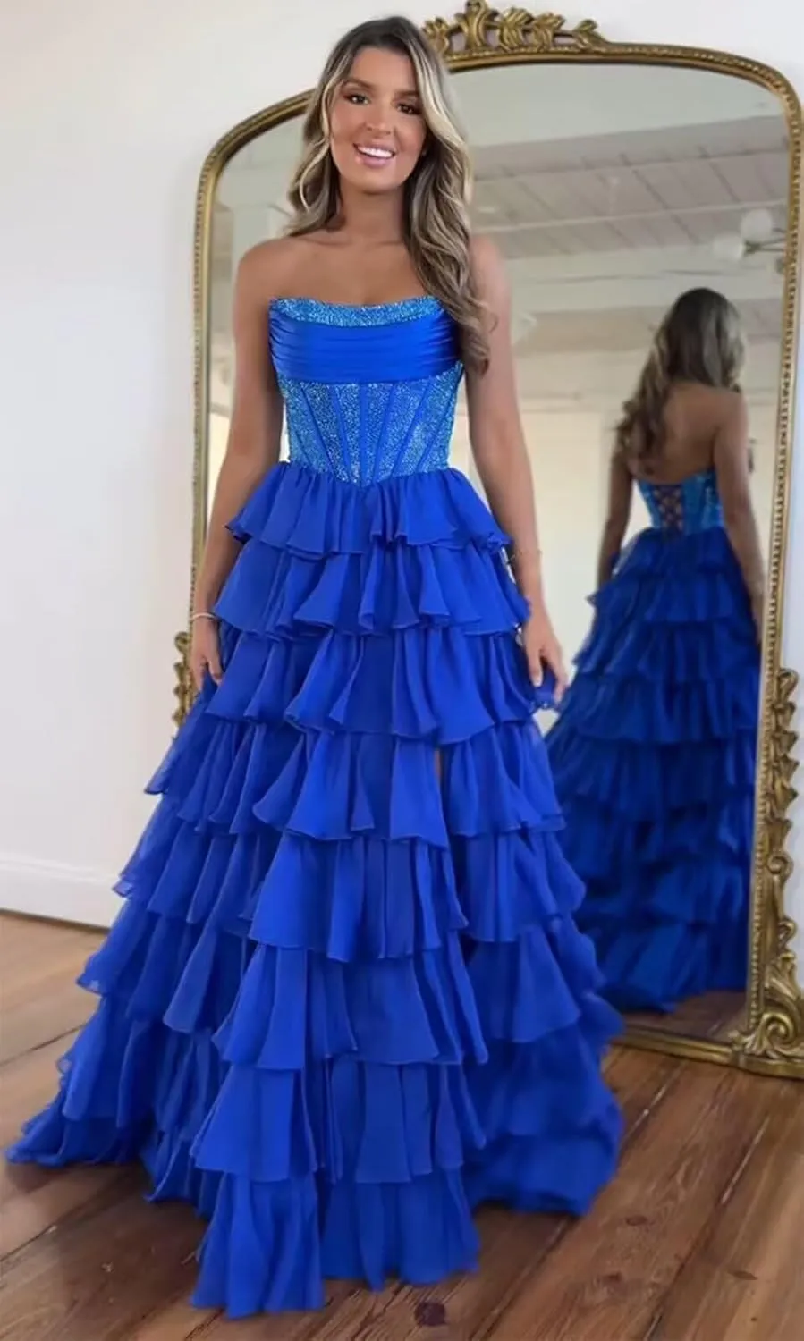 LECOYOYO Tiered Chiffon Prom Dress for Women 2025 Strapless Sparkly Sequins Formal Evening Gowns with Slit