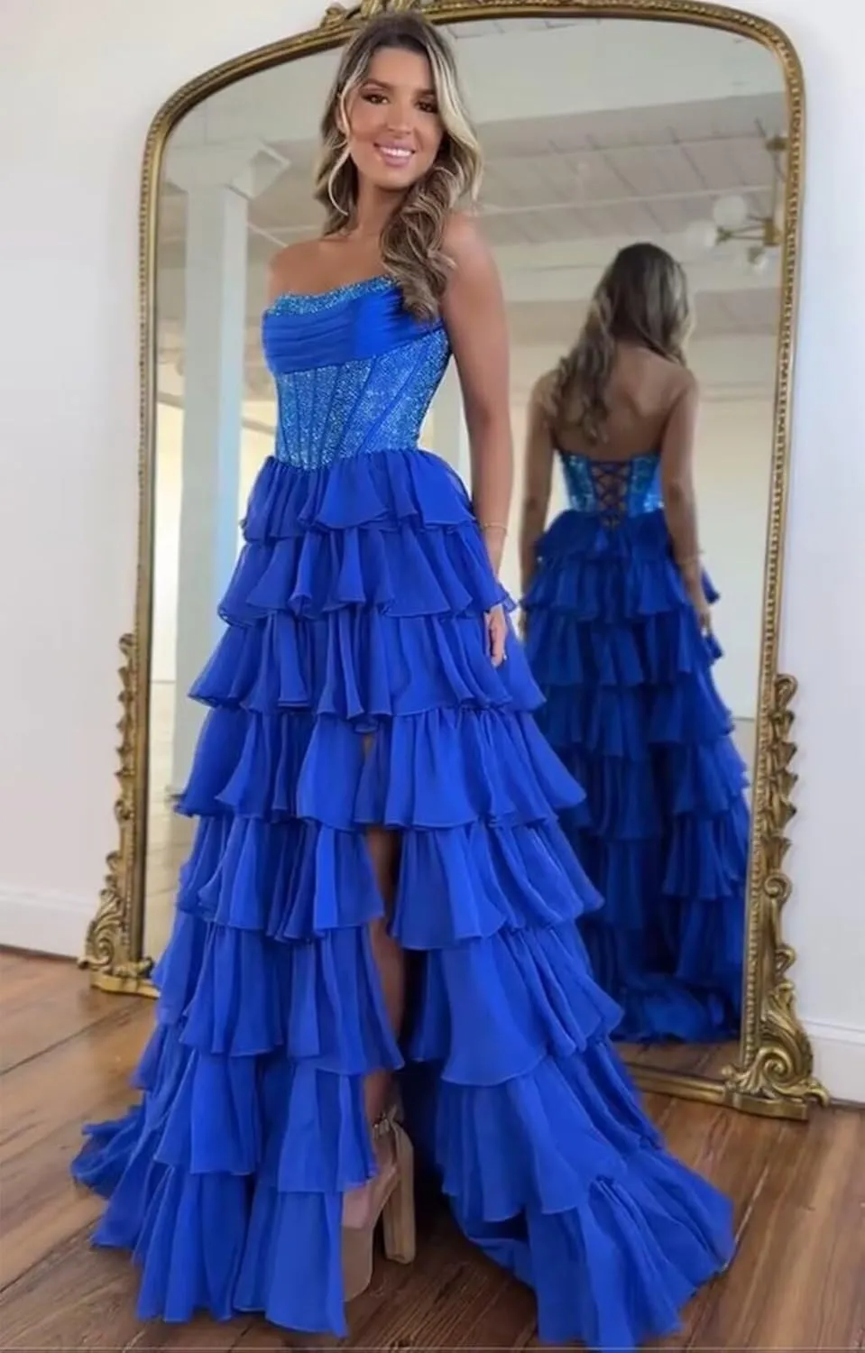 LECOYOYO Tiered Chiffon Prom Dress for Women 2025 Strapless Sparkly Sequins Formal Evening Gowns with Slit