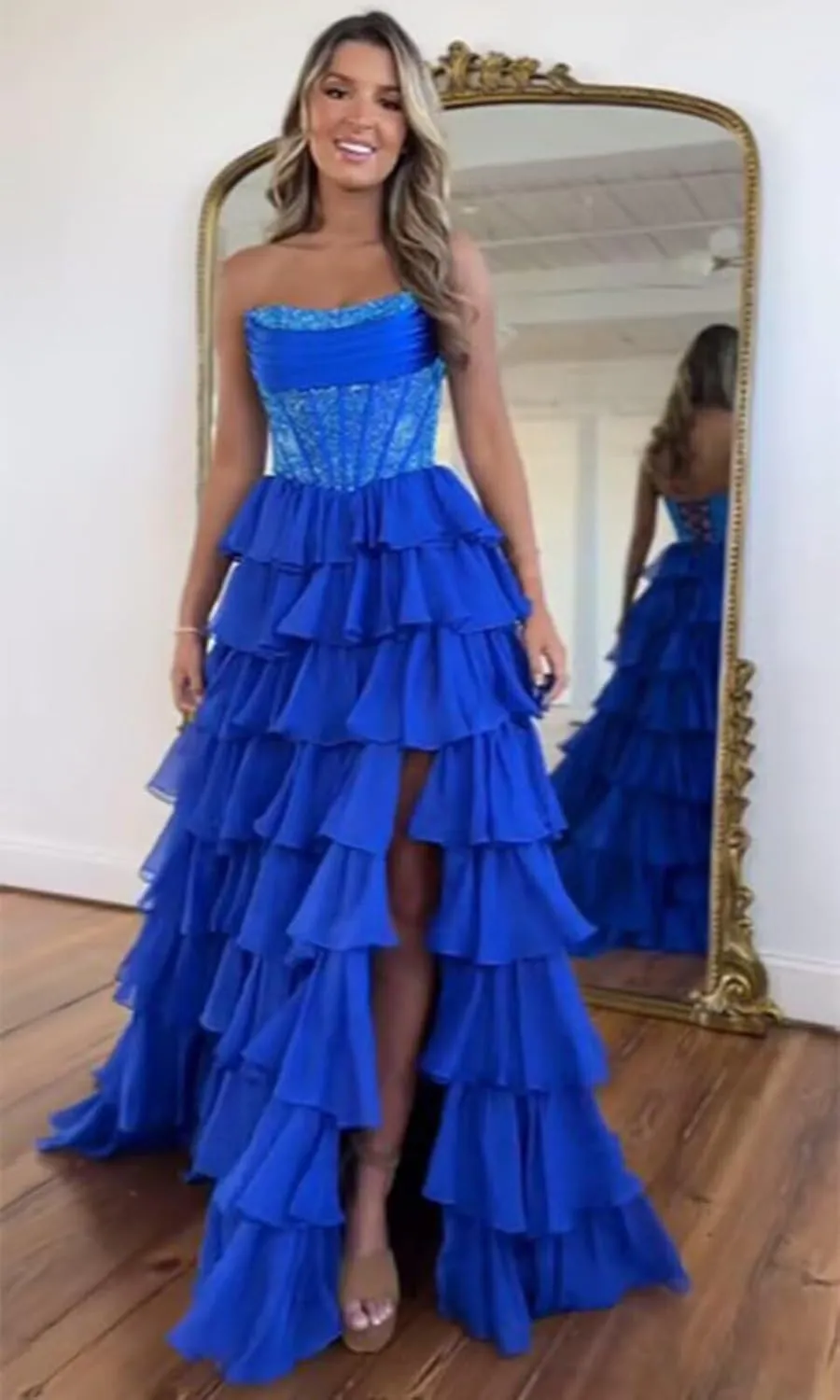 LECOYOYO Tiered Chiffon Prom Dress for Women 2025 Strapless Sparkly Sequins Formal Evening Gowns with Slit