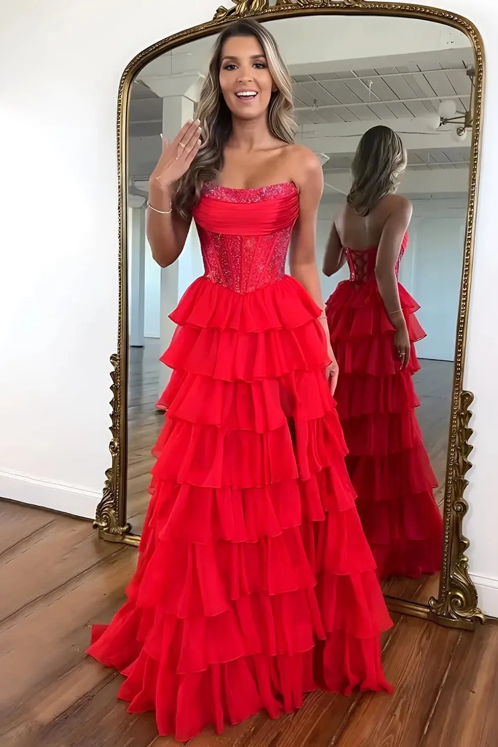 LECOYOYO Tiered Chiffon Prom Dress for Women 2025 Strapless Sparkly Sequins Formal Evening Gowns with Slit