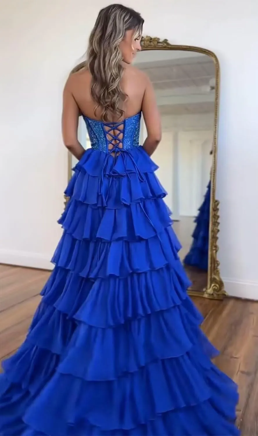 LECOYOYO Tiered Chiffon Prom Dress for Women 2025 Strapless Sparkly Sequins Formal Evening Gowns with Slit