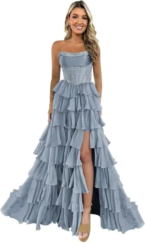 LECOYOYO Tiered Chiffon Prom Dress for Women 2025 Strapless Sparkly Sequins Formal Evening Gowns with Slit