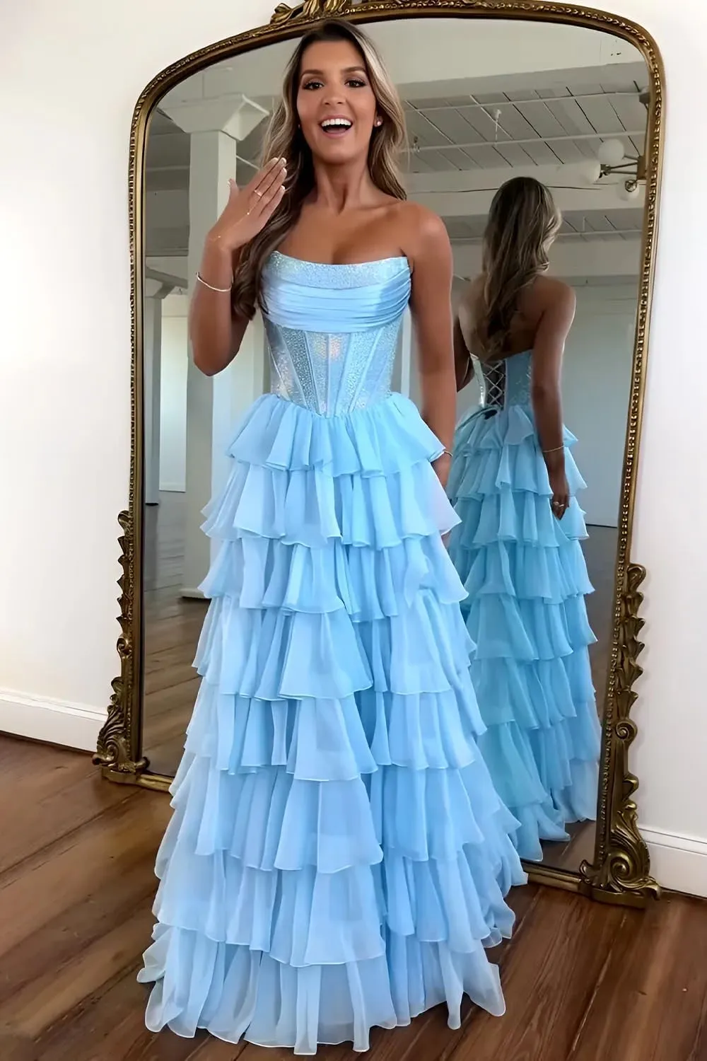 LECOYOYO Tiered Chiffon Prom Dress for Women 2025 Strapless Sparkly Sequins Formal Evening Gowns with Slit