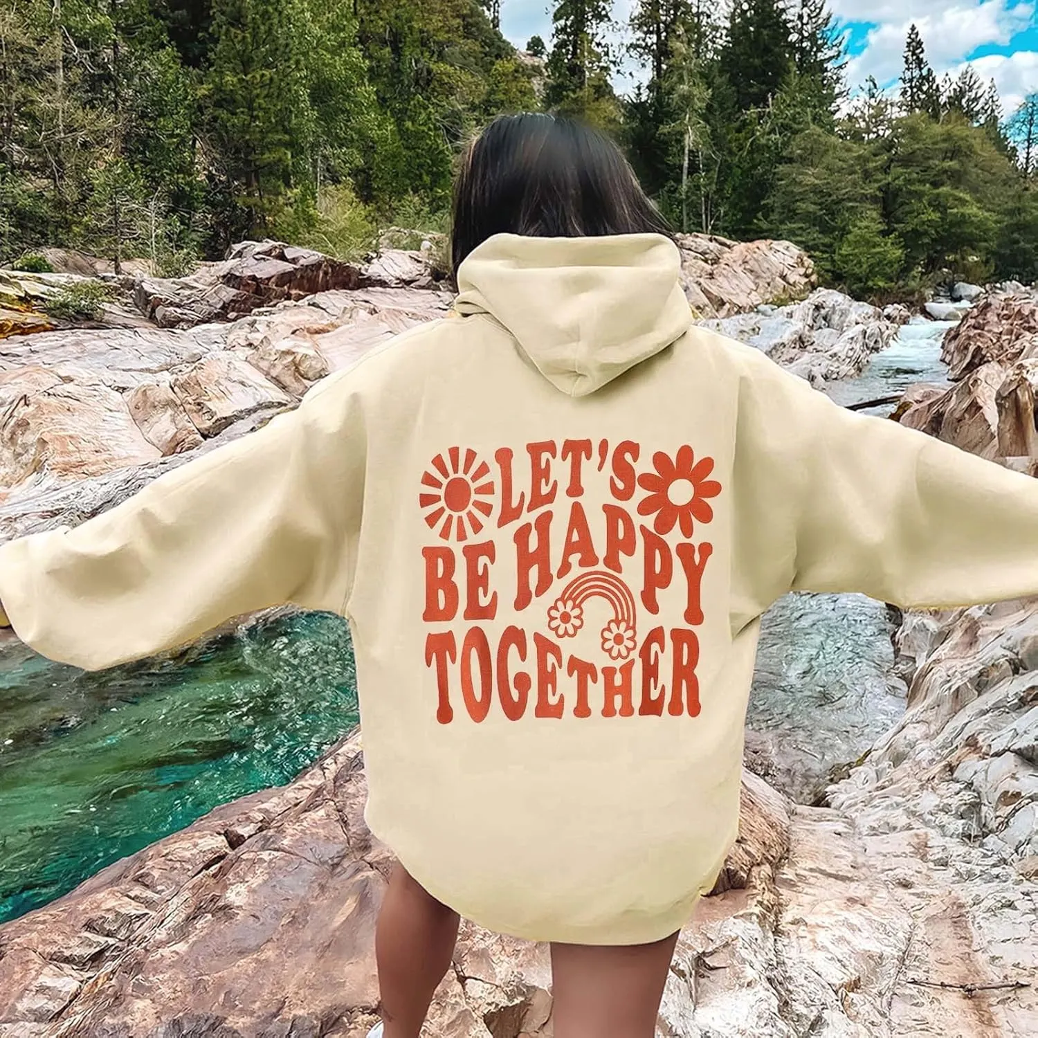 Let'S Be Happy Together Oversized Hoodies For Women Casual Long Sleeve Letter Printed Pullover Hooded Pocket Hoodie