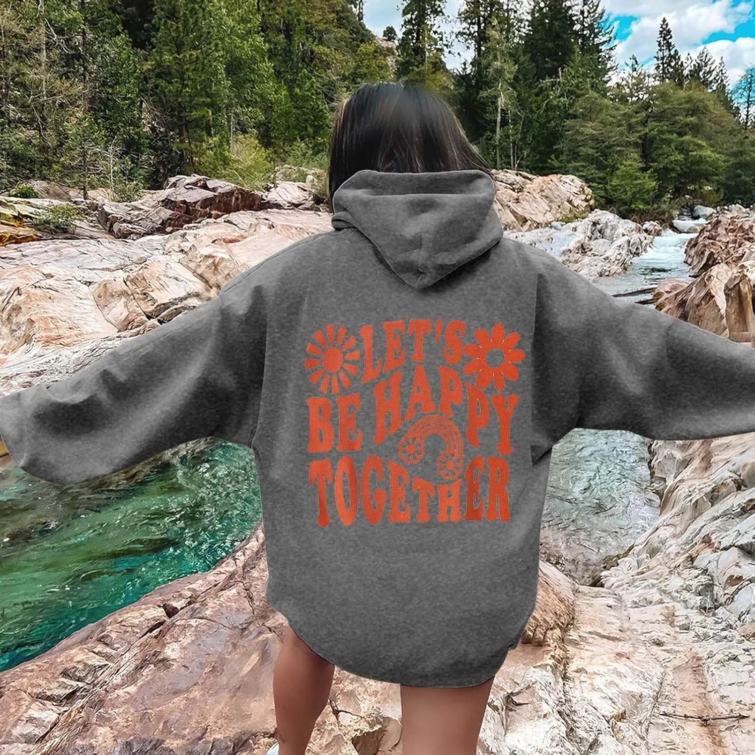 Let'S Be Happy Together Oversized Hoodies For Women Casual Long Sleeve Letter Printed Pullover Hooded Pocket Hoodie