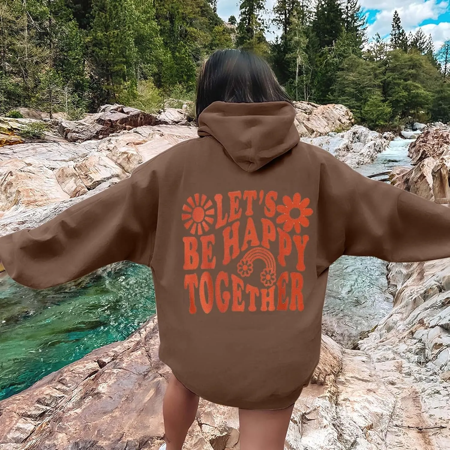 Let'S Be Happy Together Oversized Hoodies For Women Casual Long Sleeve Letter Printed Pullover Hooded Pocket Hoodie