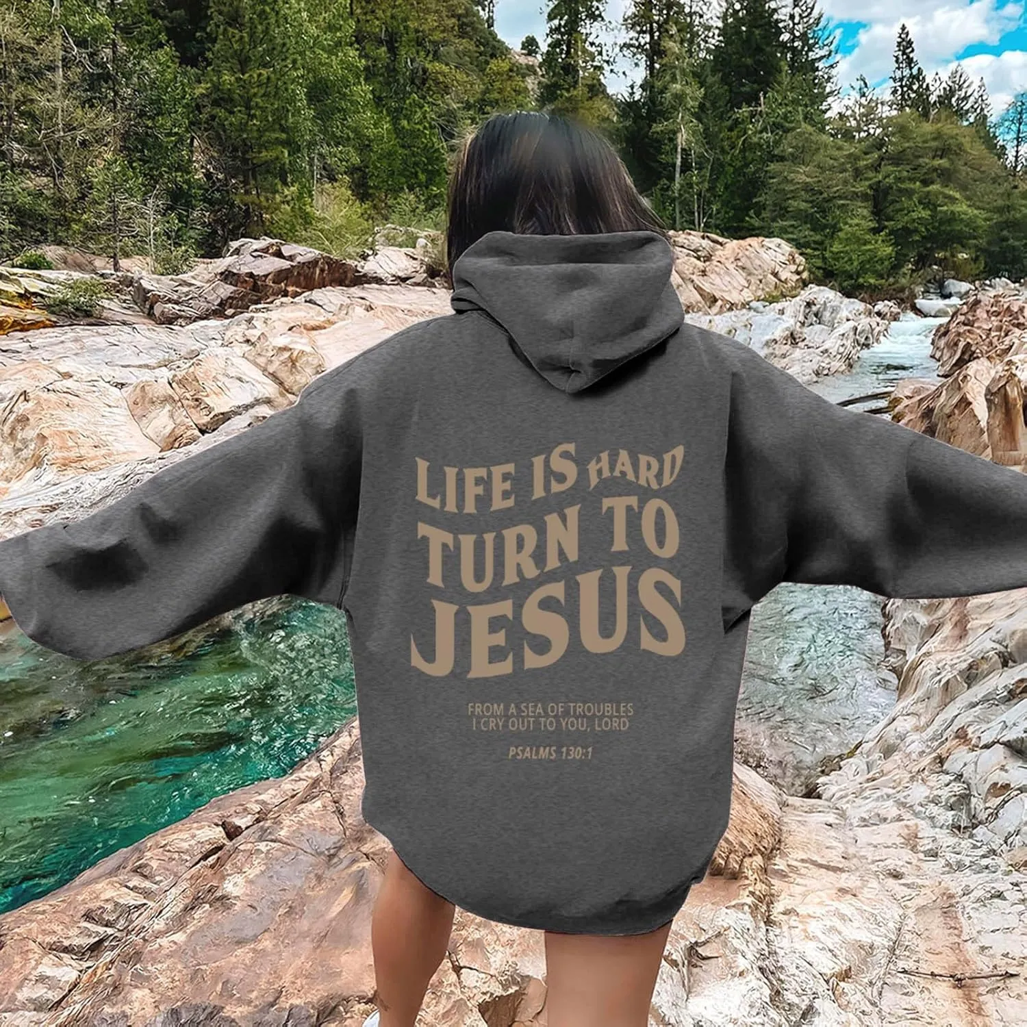 Life Is Hard Trun To Jesus Hoodies For Women Oversized Letter Graphic Y2K Hooded Pullover Tops Bible Verse Hoodie