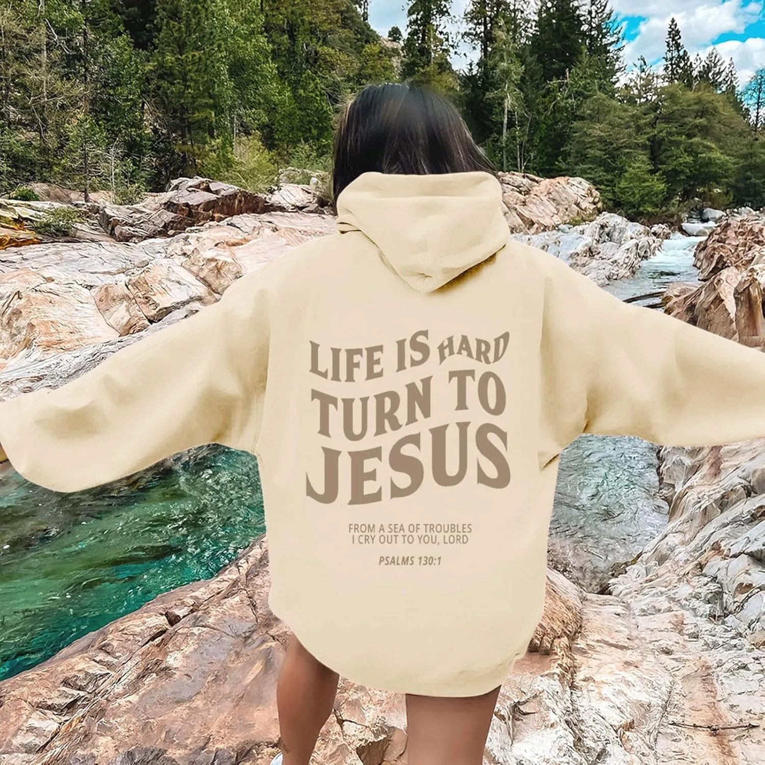 Life Is Hard Trun To Jesus Hoodies For Women Oversized Letter Graphic Y2K Hooded Pullover Tops Bible Verse Hoodie