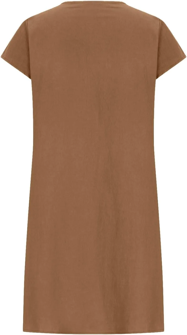 Linen Dress for Women Summer Loose Crewneck Solid Color Sundress Casual Short Sleeve Vacation Beach Pleated Dresses
