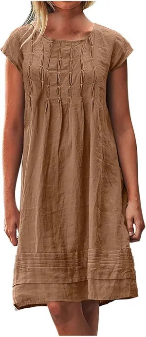 Linen Dress for Women Summer Loose Crewneck Solid Color Sundress Casual Short Sleeve Vacation Beach Pleated Dresses