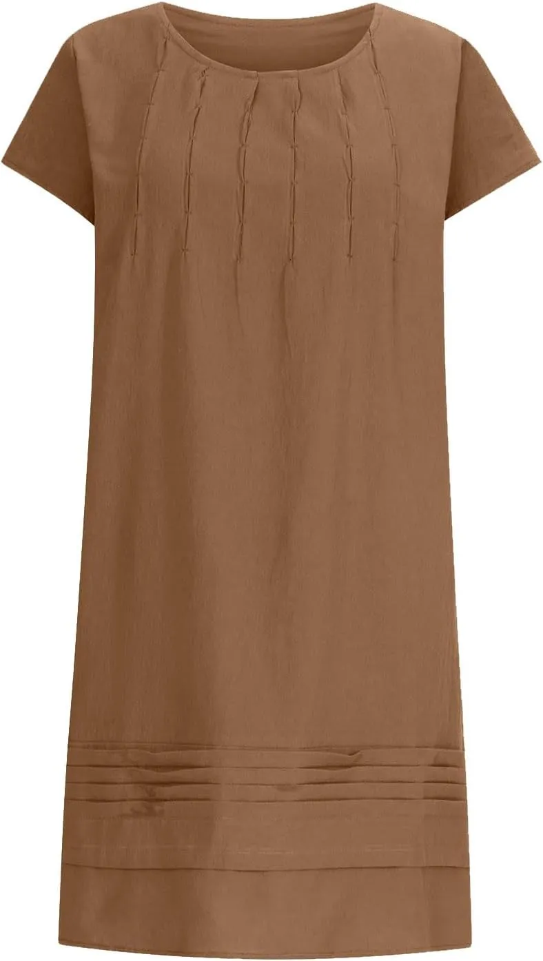 Linen Dress for Women Summer Loose Crewneck Solid Color Sundress Casual Short Sleeve Vacation Beach Pleated Dresses