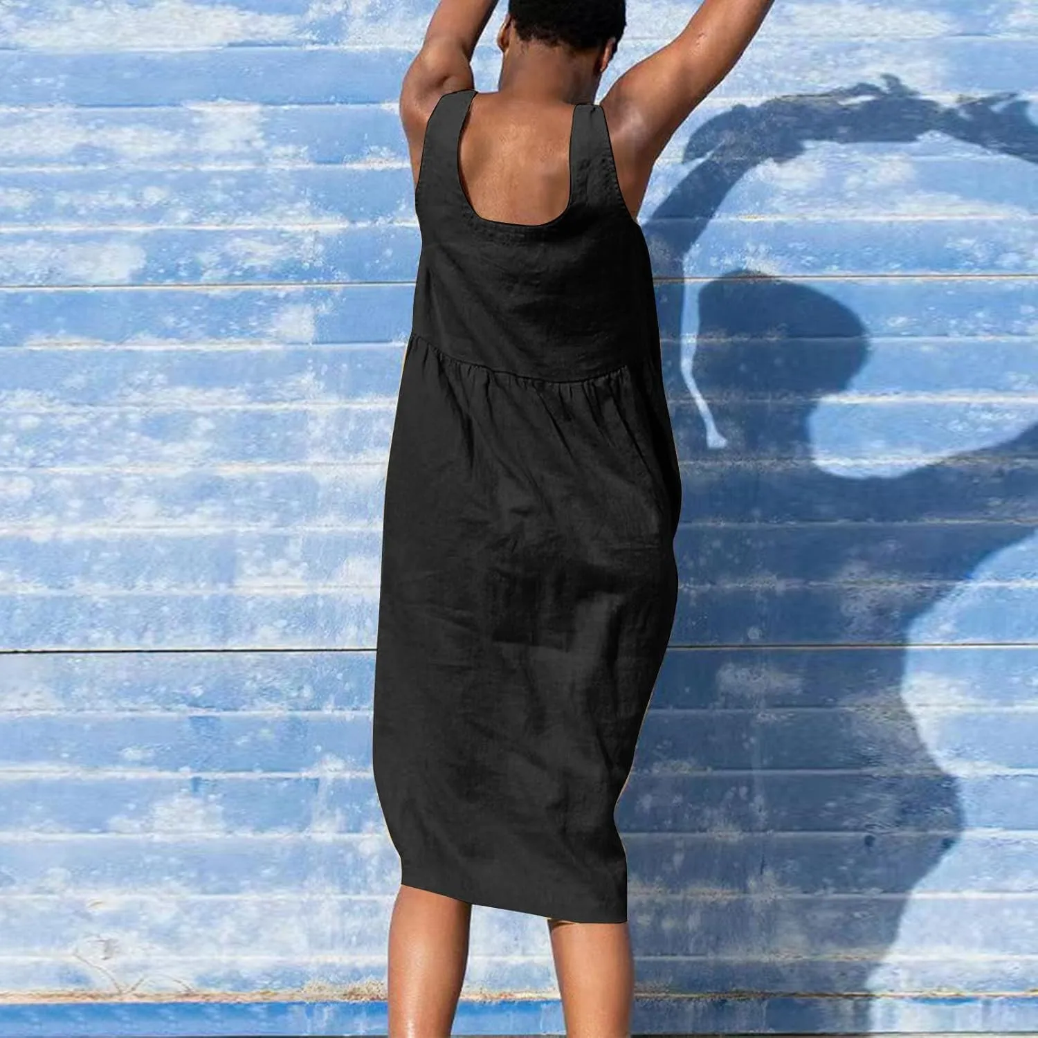 Linen Dresses for Women 2024 Summer Midi V Neck Sleeveless Button Pleated Sundresses Casual Beach Flowy Tank Dress