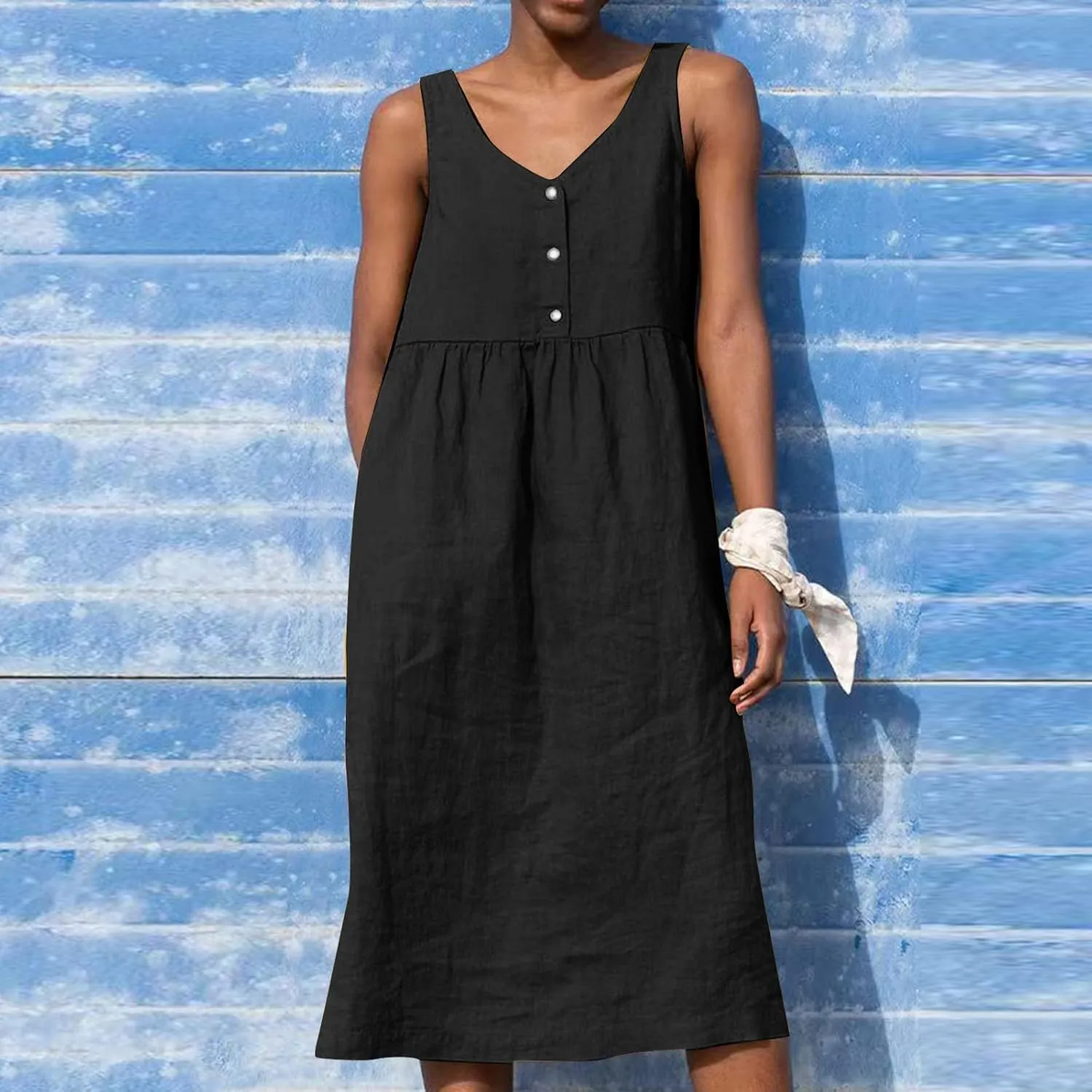Linen Dresses for Women 2024 Summer Midi V Neck Sleeveless Button Pleated Sundresses Casual Beach Flowy Tank Dress