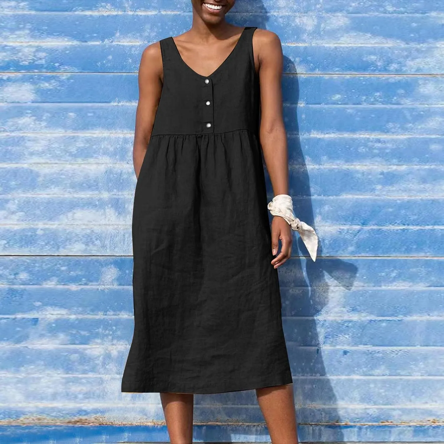 Linen Dresses for Women 2024 Summer Midi V Neck Sleeveless Button Pleated Sundresses Casual Beach Flowy Tank Dress