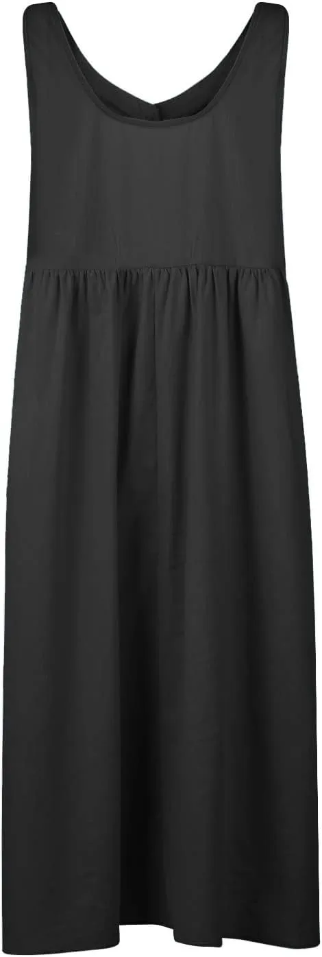 Linen Dresses for Women 2024 Summer Midi V Neck Sleeveless Button Pleated Sundresses Casual Beach Flowy Tank Dress