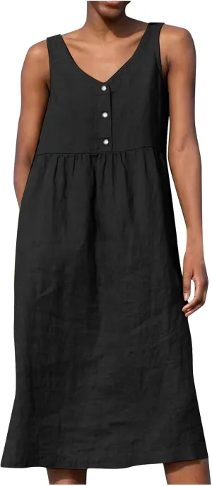 Linen Dresses for Women 2024 Summer Midi V Neck Sleeveless Button Pleated Sundresses Casual Beach Flowy Tank Dress