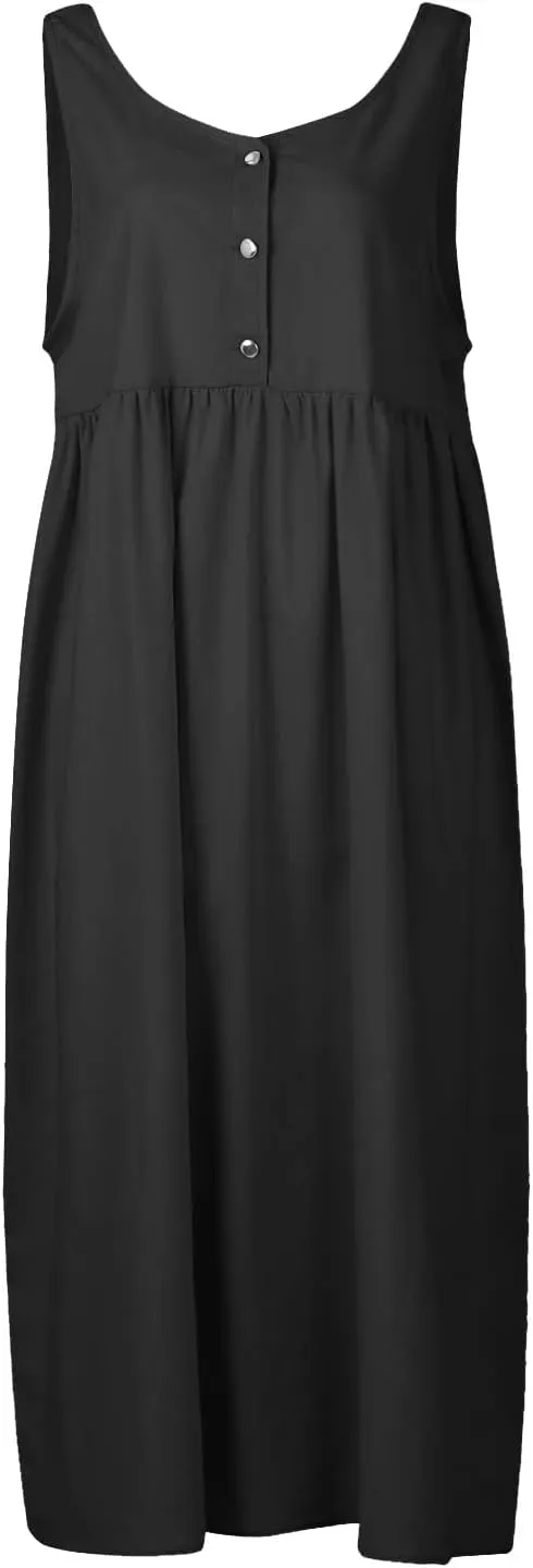 Linen Dresses for Women 2024 Summer Midi V Neck Sleeveless Button Pleated Sundresses Casual Beach Flowy Tank Dress