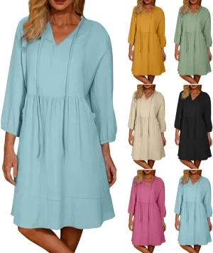 Linen Dresses for Women 2025 Casual Summer Cotton Linen Dress Tunic Flowy Mini Sundress 3/4 Sleeve Beach Outfits