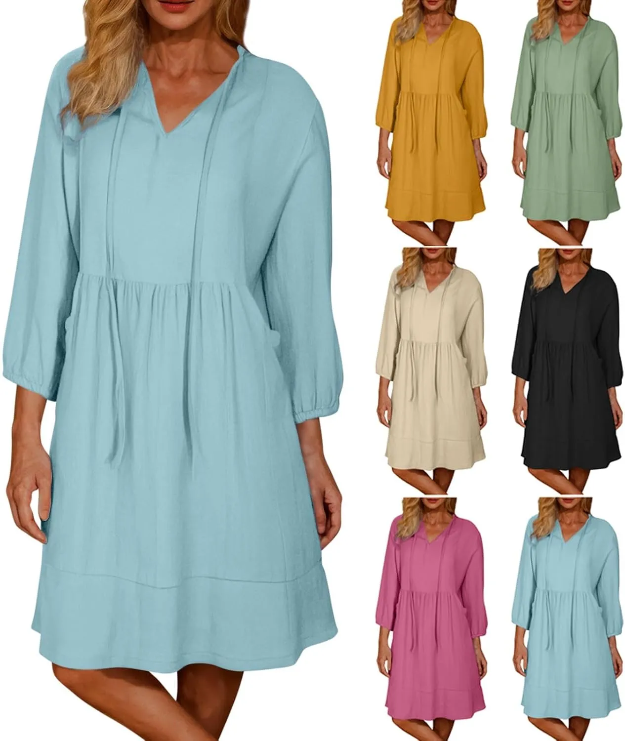 Linen Dresses for Women 2025 Casual Summer Cotton Linen Dress Tunic Flowy Mini Sundress 3/4 Sleeve Beach Outfits