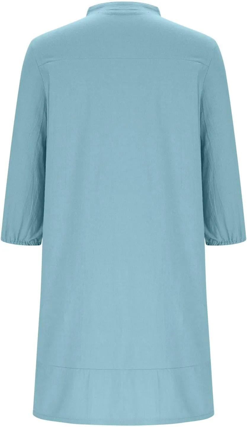 Linen Dresses for Women 2025 Casual Summer Cotton Linen Dress Tunic Flowy Mini Sundress 3/4 Sleeve Beach Outfits