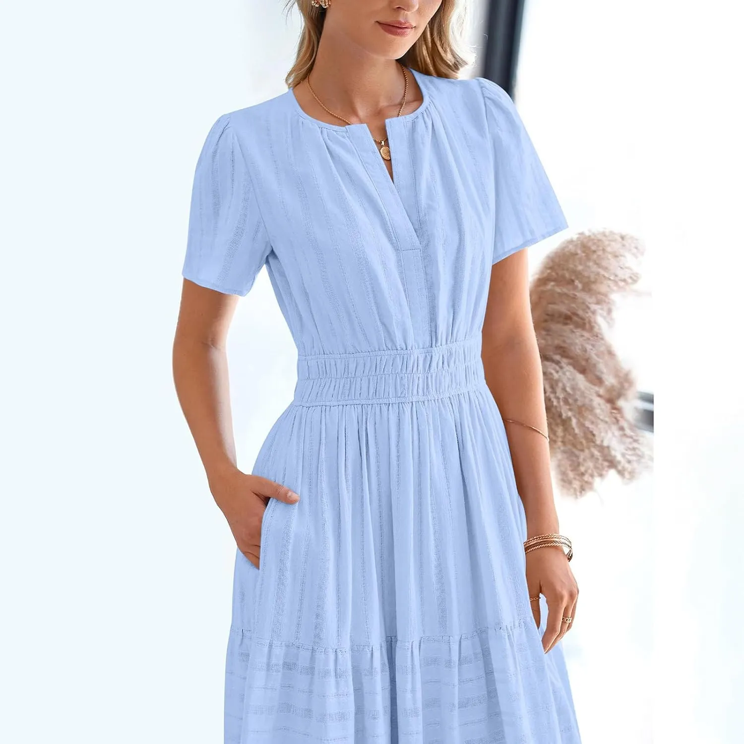 Lmdudan 2025 Womens Summer Casual Midi Maxi Dresses Lightweight Short Sleeve V Neck Elastic Waist Boho Beach Dress Sundress