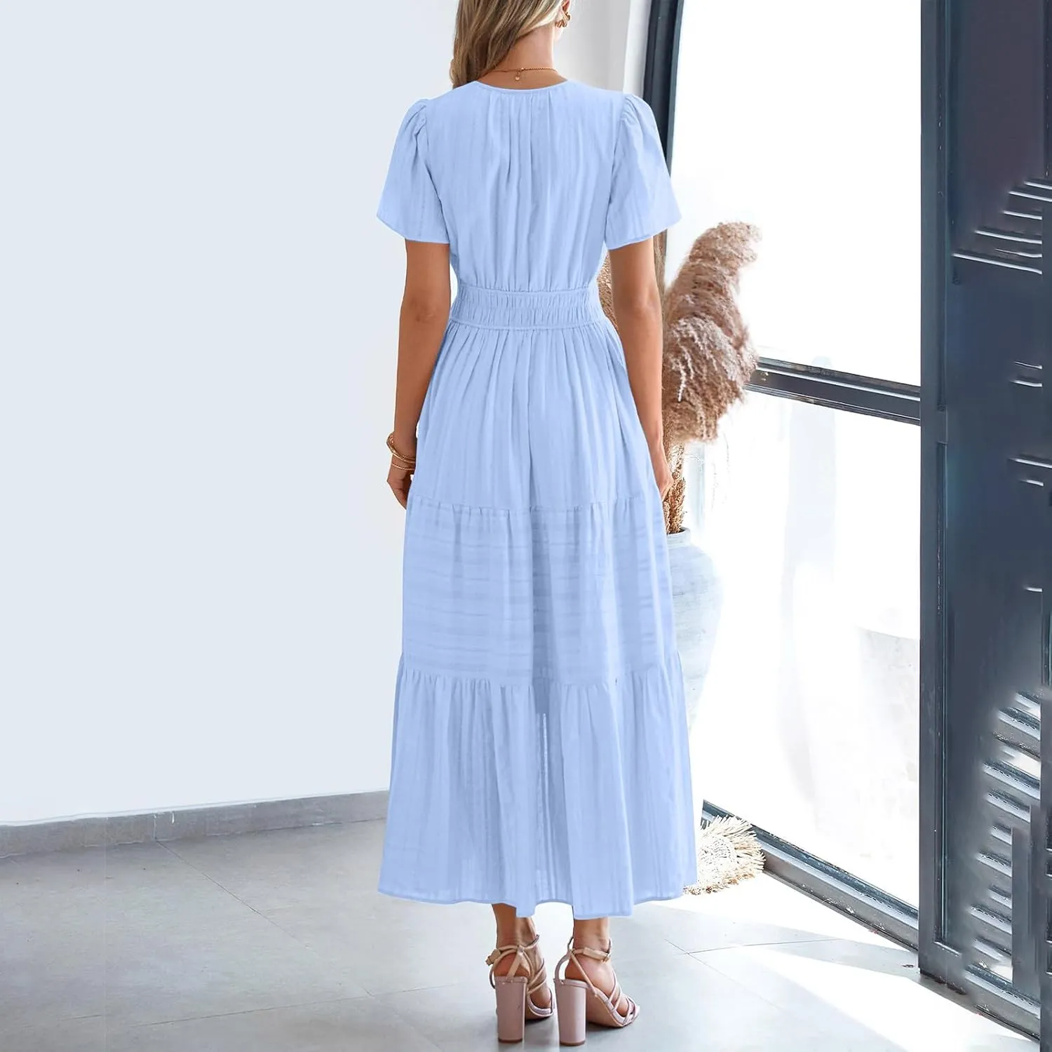 Lmdudan 2025 Womens Summer Casual Midi Maxi Dresses Lightweight Short Sleeve V Neck Elastic Waist Boho Beach Dress Sundress