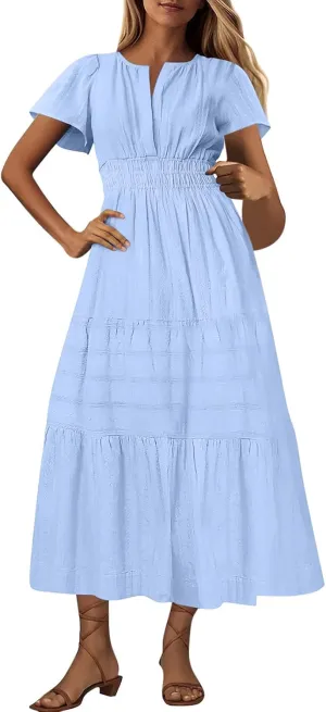 Lmdudan 2025 Womens Summer Casual Midi Maxi Dresses Lightweight Short Sleeve V Neck Elastic Waist Boho Beach Dress Sundress