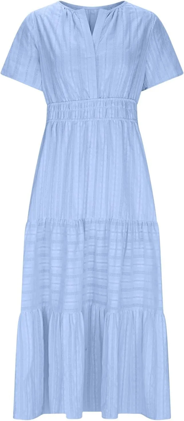 Lmdudan 2025 Womens Summer Casual Midi Maxi Dresses Lightweight Short Sleeve V Neck Elastic Waist Boho Beach Dress Sundress