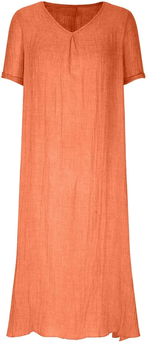 Lmdudan Summer Beach Sundress for Women Short Sleeve V Neck Cotton Linen Dress 2024 Trendy Solid Color Vacation Maxi Dresses