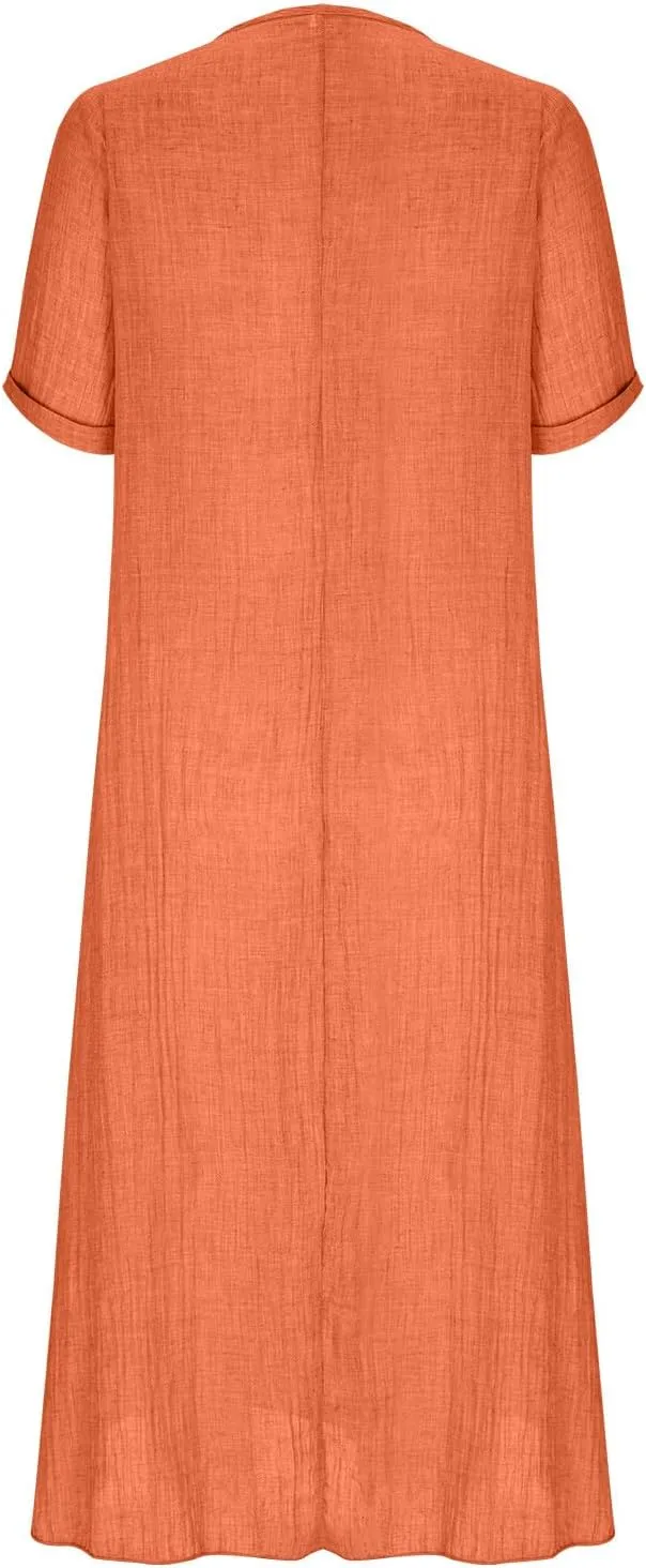 Lmdudan Summer Beach Sundress for Women Short Sleeve V Neck Cotton Linen Dress 2024 Trendy Solid Color Vacation Maxi Dresses