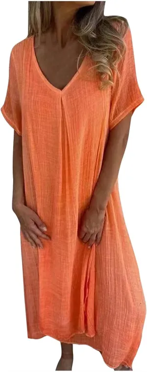 Lmdudan Summer Beach Sundress for Women Short Sleeve V Neck Cotton Linen Dress 2024 Trendy Solid Color Vacation Maxi Dresses