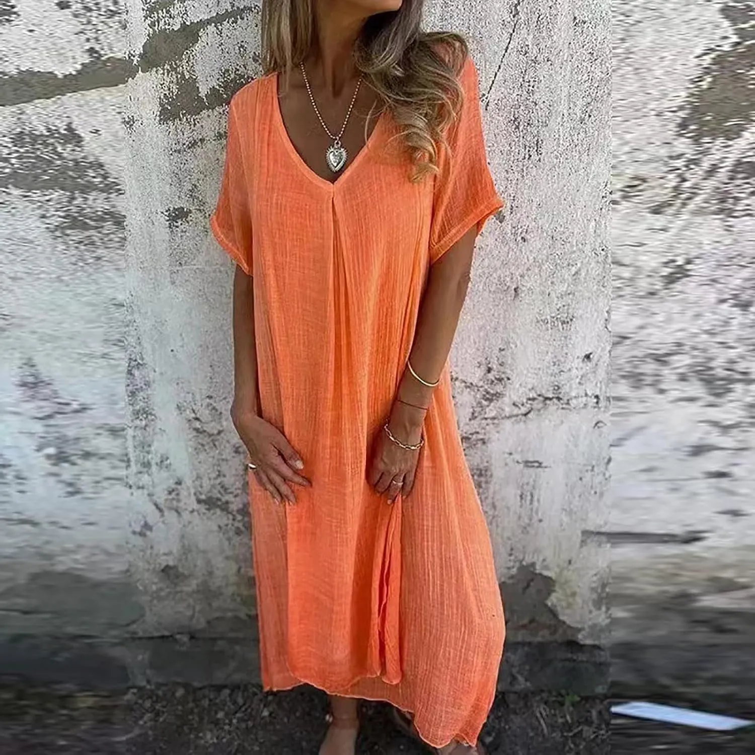Lmdudan Summer Beach Sundress for Women Short Sleeve V Neck Cotton Linen Dress 2024 Trendy Solid Color Vacation Maxi Dresses