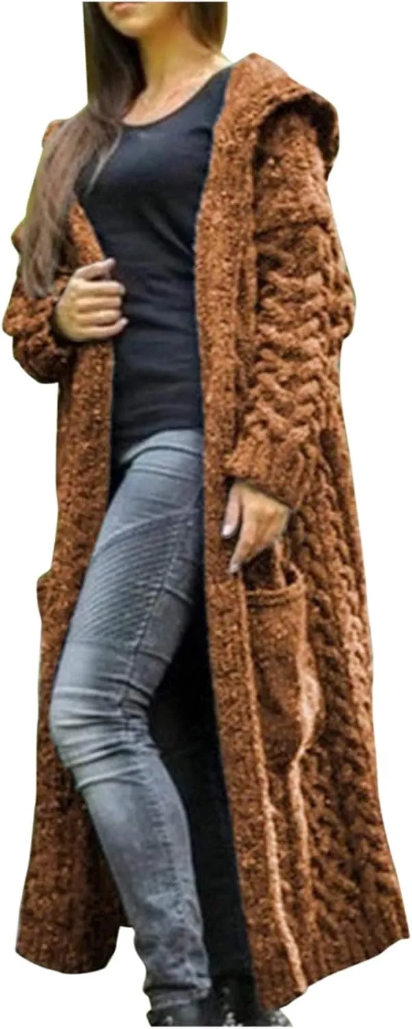 Long Chunky Cable Knit Cardigans For Women Open Front Long Hooded Sweater 2024 Winter Warm Oversized Solid Outwear