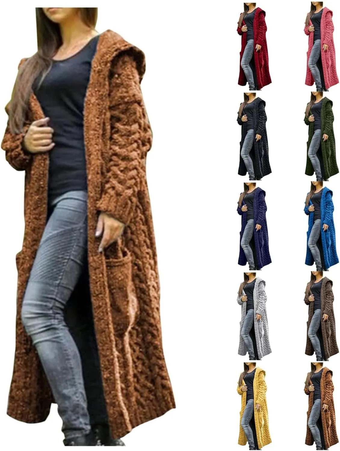 Long Chunky Cable Knit Cardigans For Women Open Front Long Hooded Sweater 2024 Winter Warm Oversized Solid Outwear