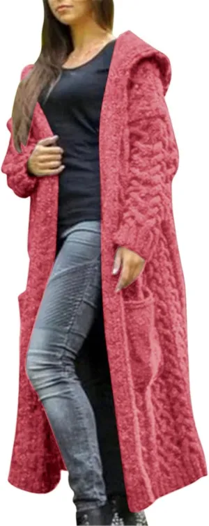 Long Chunky Cable Knit Cardigans For Women Open Front Long Hooded Sweater 2024 Winter Warm Oversized Solid Outwear