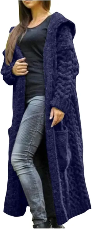 Long Chunky Cable Knit Cardigans For Women Open Front Long Hooded Sweater 2024 Winter Warm Oversized Solid Outwear