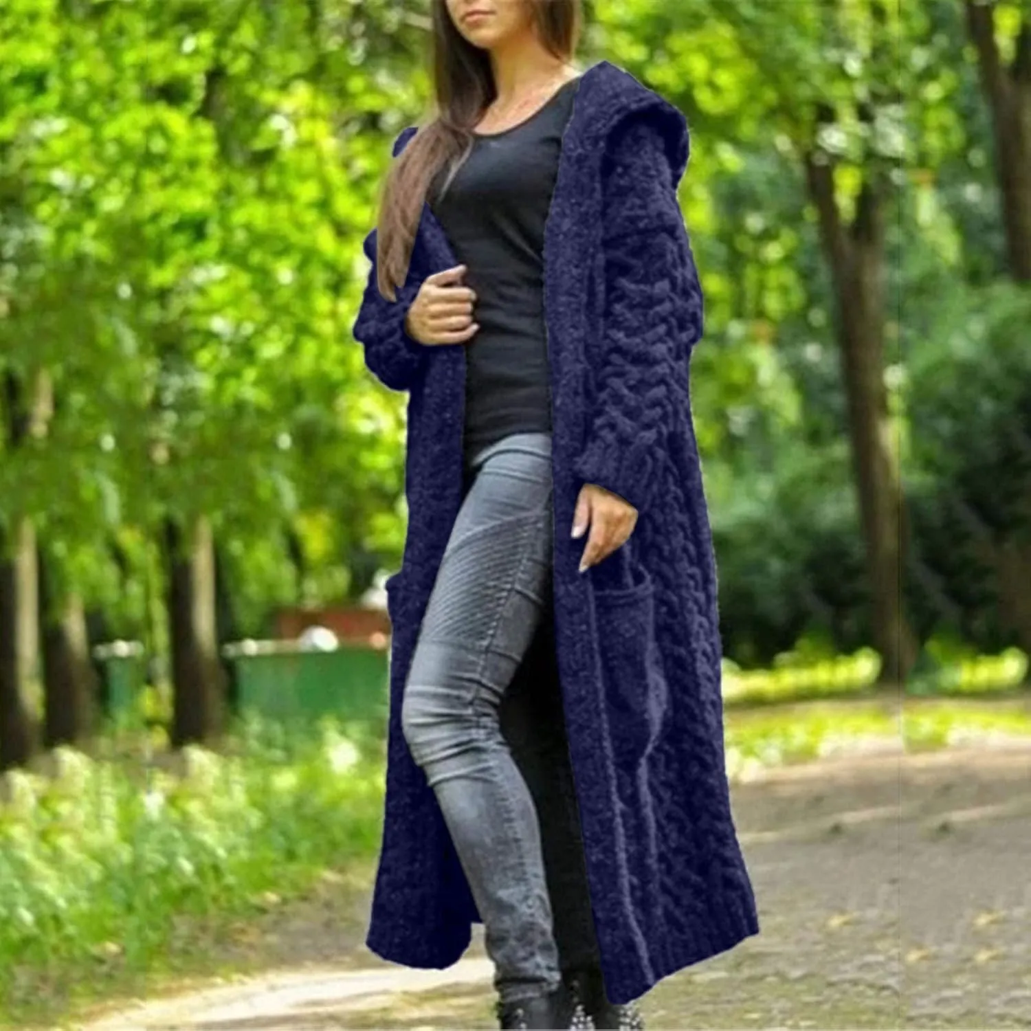 Long Chunky Cable Knit Cardigans For Women Open Front Long Hooded Sweater 2024 Winter Warm Oversized Solid Outwear