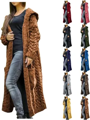 Long Chunky Cable Knit Cardigans For Women Open Front Long Hooded Sweater 2024 Winter Warm Oversized Solid Outwear
