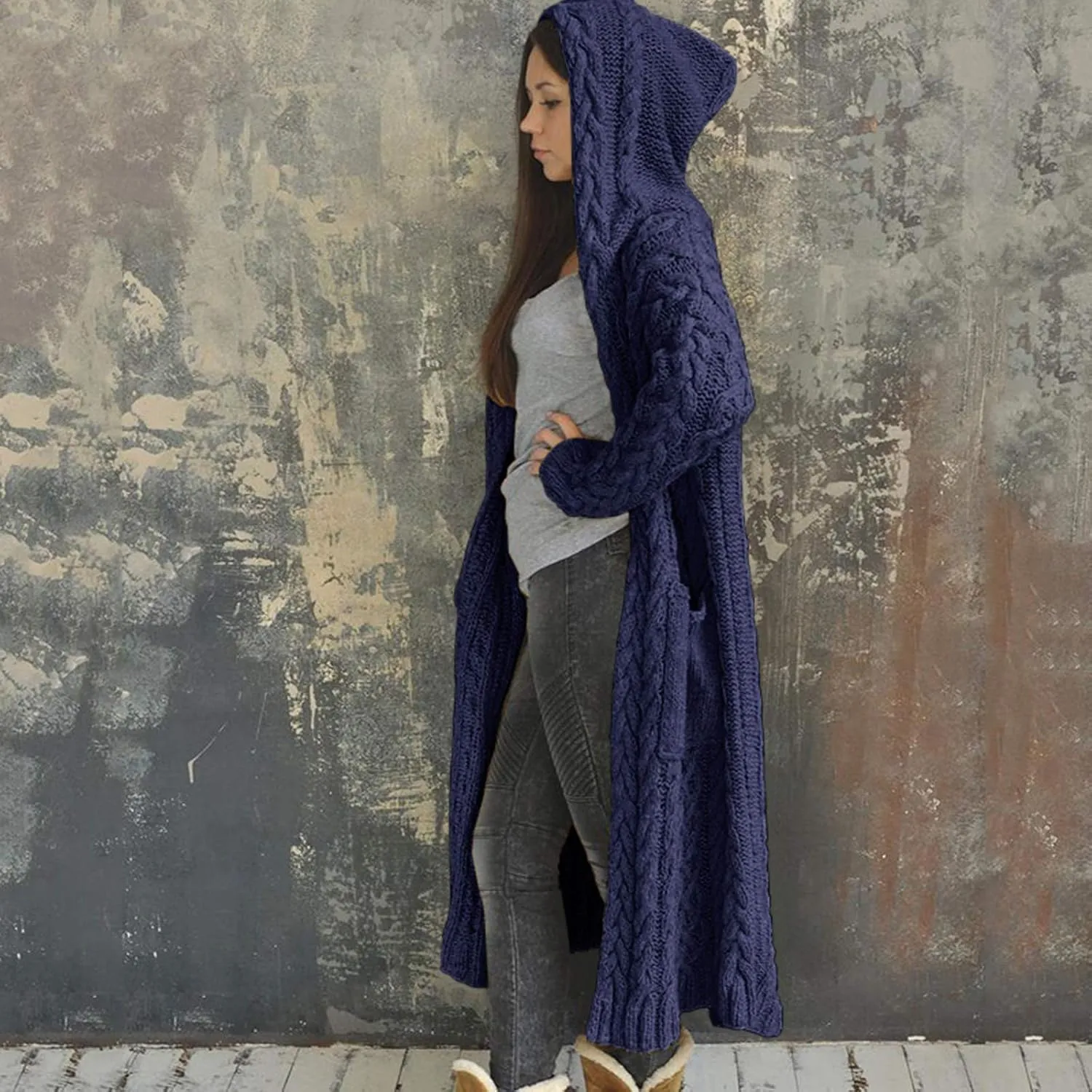 Long Chunky Cable Knit Cardigans For Women Open Front Long Hooded Sweater 2024 Winter Warm Oversized Solid Outwear