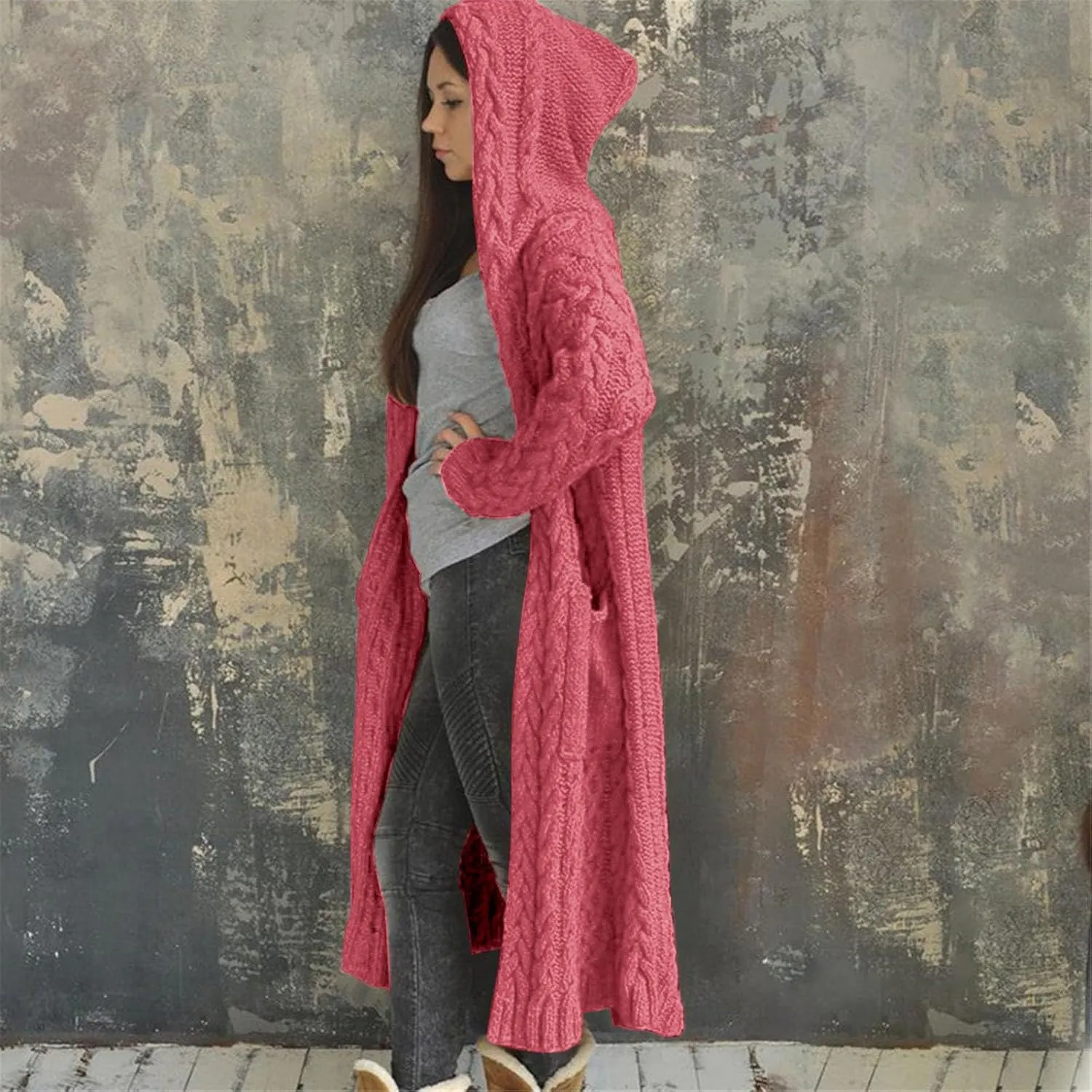 Long Chunky Cable Knit Cardigans For Women Open Front Long Hooded Sweater 2024 Winter Warm Oversized Solid Outwear